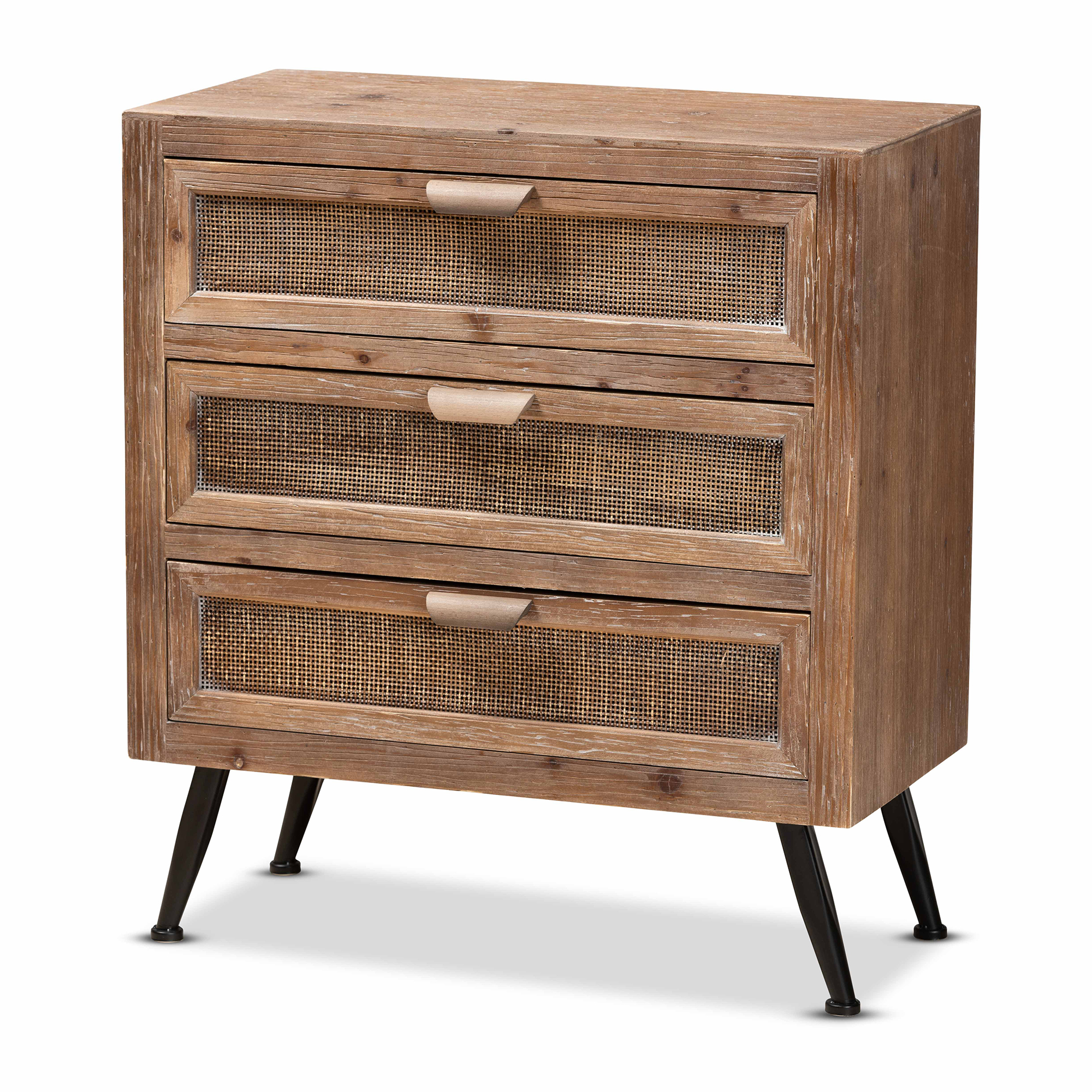 Baxton Studio Calida Mid-Century Modern Whitewashed Natural Brown Finished Wood and Rattan 3-Drawer Storage Cabinet